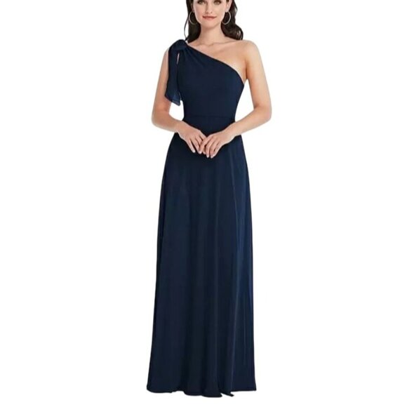 NEW After Six Draped‎ One-Shoulder Maxi Dress with Scarf Bow in Midnight Navy, 6 - Picture 1 of 10
